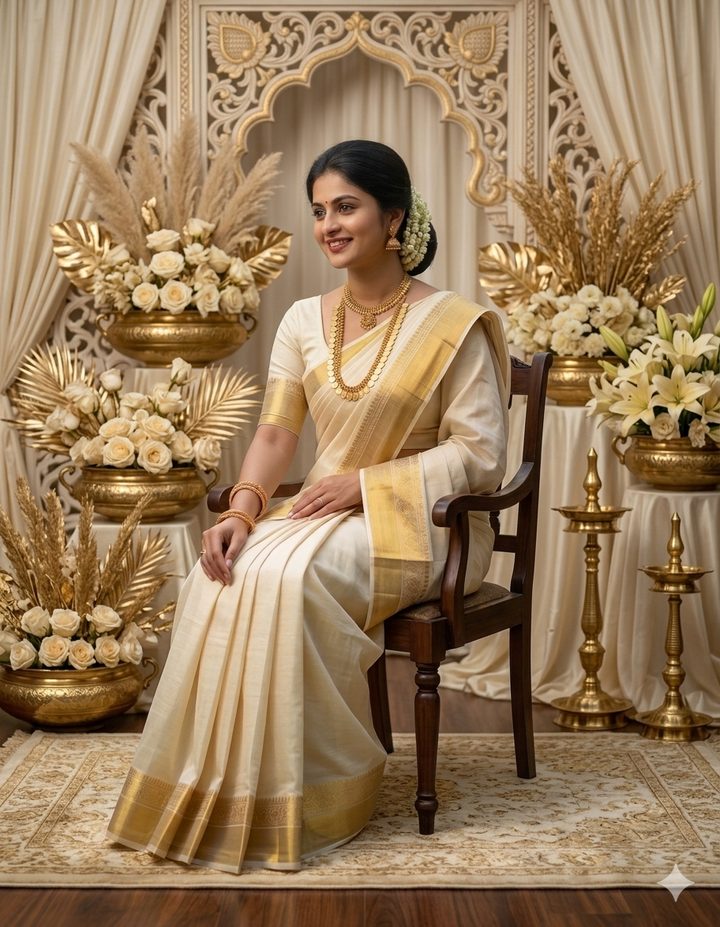Lady in a pre-pleated Kanjivaram saree